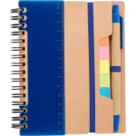 Notitieboek van gerecycled gelijnd papier met plaknotities en pen kleur blauw eerste weergave