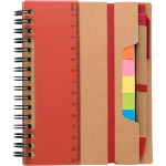 Notitieboek van gerecycled gelijnd papier met plaknotities en pen kleur rood eerste weergave