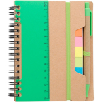 Notitieboek van gerecycled gelijnd papier met plaknotities en pen kleur lichtgroen eerste weergave