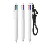 Plastic pen met lanyard om op te hangen en 4-kleureninkt BIC® kleur wit