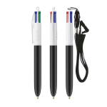 Plastic pen met lanyard om op te hangen en 4-kleureninkt BIC® kleur wit/zwart