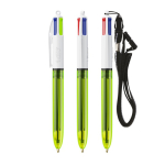 Plastic pen met lanyard, inkt in 3 kleuren en 1 markeerstift BIC® kleur doorzichtig limoen groen