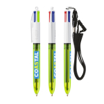 Plastic pen met lanyard, inkt in 3 kleuren en 1 markeerstift BIC® kleur doorzichtig limoen groen