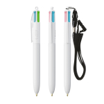 Plastic BIC®-pen met draaglint en inkt in 4 kleuren kleur wit