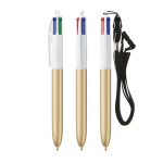 Plastic pen met draagkoord en 4-kleureninkt BIC® kleur goud