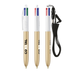 Plastic pen met draagkoord en 4-kleureninkt BIC® kleur goud