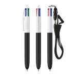 Plastic pen met koord om te dragen en vier kleuren inkt BIC® kleur wit/zwart