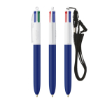 Plastic pen met koord om te dragen en vier kleuren inkt BIC® kleur marineblauw