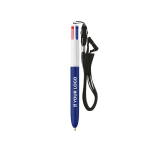 Plastic pen met koord om te dragen en vier kleuren inkt BIC® met afdrukgebied