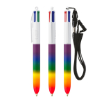 Plastic pen in regenboogkleuren met koord en 4 kleuren inkt BIC® kleur meerkleurig