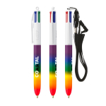 Plastic pen in regenboogkleuren met koord en 4 kleuren inkt BIC® kleur meerkleurig