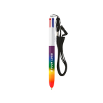 Plastic pen in regenboogkleuren met koord en 4 kleuren inkt BIC® met afdrukgebied