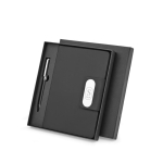 Set met pen en A5-notitieboek van kunstleer, gelinieerde pagina’s kleur zwart afbeelding met logo