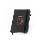 A5-notitieboek met maandplanning en elastiek, gelinieerde pagina’s kleur zwart afbeelding met logo