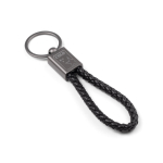 Rechthoekige sleutelhanger met gevlochten polyester koord en metalen afwerking kleur zwart afbeelding met logo