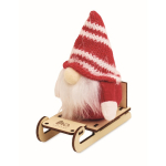 Houten kerstdecoratie: gnoom op slee met katoen vulling kleur rood hoofdweergave
