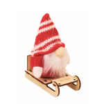 Houten kerstdecoratie: gnoom op slee met katoen vulling kleur rood weergave met bedrukking