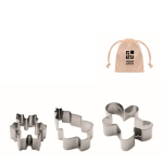 Set van 3 roestvrijstalen koekjesvormen met kerstfiguren kleur beige weergave met bedrukking