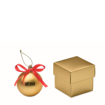 Kerstbal om op te hangen met lint, geleverd in een geschenkdoos kleur goud weergave met bedrukking