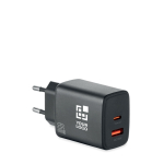 EU-wandlader met USB-A- en USB-C-poort, snelladen 65W kleur zwart weergave met bedrukking