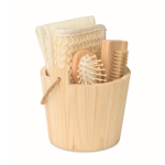 Badset in houten emmer met accessoires voor verzorging kleur hout tweede weergave