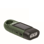 Stevige kunststof zaklamp met 3 leds, zonnepaneel en handdynamo kleur donkergroen weergave met bedrukking
