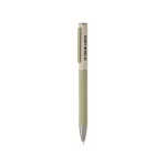 Draaibare pen van gerecycled aluminium met rubberen afwerking kleur mintgroen weergave met bedrukking