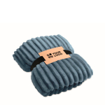 Gestreepte fleece deken met lint en kraft kaart 450 g/m² kleur petrol blauw weergave met bedrukking