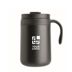 thermosbeker van roestvrij staal met herbruikbaar koffiefilter 450 ml kleur zwart weergave met bedrukking