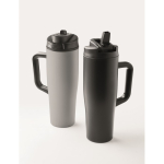 Lekvrije thermosbeker met handvat en rietje 900 ml kleur zwart negende weergave