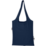 Opvouwbare tote bag met trekkoord van gerecycled katoen 140 g/m2 kleur marineblauw tweede weergave achterkant