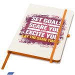 A5-notitieboek met harde kaft, elastische sluiting en zachte afwerking, gelinieerde pagina’s kleur oranje