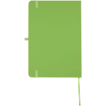 Set met A5-notitieboek met harde kaft en pen met blauwe inkt kleur limoen groen tweede weergave achterkant