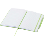 Set met A5-notitieboek met harde kaft en pen met blauwe inkt kleur limoen groen tweede weergave