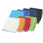 Set met A5-notitieboek met harde kaft en pen met blauwe inkt kleur limoen groen tweede weergave meerdere kleuren