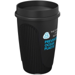 Enkelwandige beker met 360°-deksel en isolerende rand 350ml kleur zwart weergave met logo