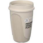 Enkelwandige beker met 360°-deksel en isolerende rand 350ml kleur zand weergave met logo
