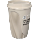 Herbruikbare beker met klikdeksel en isolerende rand 350ml kleur zand weergave met logo