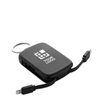 Eco powerbank sleutelhanger met geïntegreerde kabels 2000 mAh kleur zwart met afdrukgebied