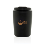 Thermobeker van plastic voor koffie met lekvrije deksel 220 ml kleur zwart weergave met logo