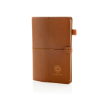 Navulbaar A5 notitieboek van PU met vakjes en elastische sluiting, gelinieerde pagina’s kleur bruin weergave met logo