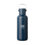 Dubbelwandige thermosfles met rietje en lekvrije dop 600ml kleur marineblauw weergave met logo