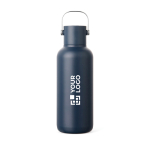 Dubbelwandige thermosfles met rietje en lekvrije dop 600ml kleur marineblauw met afdrukgebied