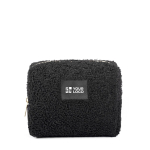 Polyester toilettas met sherpa-afwerking en rits 360 g/m² kleur zwart met afdrukgebied