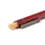Aluminium pen met bamboe drukknop, metalen clip en blauwe inkt kleur rood detailweergave 2