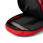 Rugzak van gerecycled polyester met gevoerde rug en banden 14'' kleur rood detailweergave 3