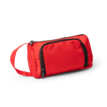 Toilettas van gerecycled polyester met bovenopening en handvat kleur rood eerste gebruiksweergave