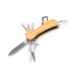 Multitool van bamboe en roestvrij staal met karabijnhaak kleur naturel eerste gebruiksweergave
