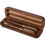 Schrijfset van hout en messing met houten etui en blauwe inkt