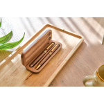 Schrijfset van hout en messing met houten etui en blauwe inkt